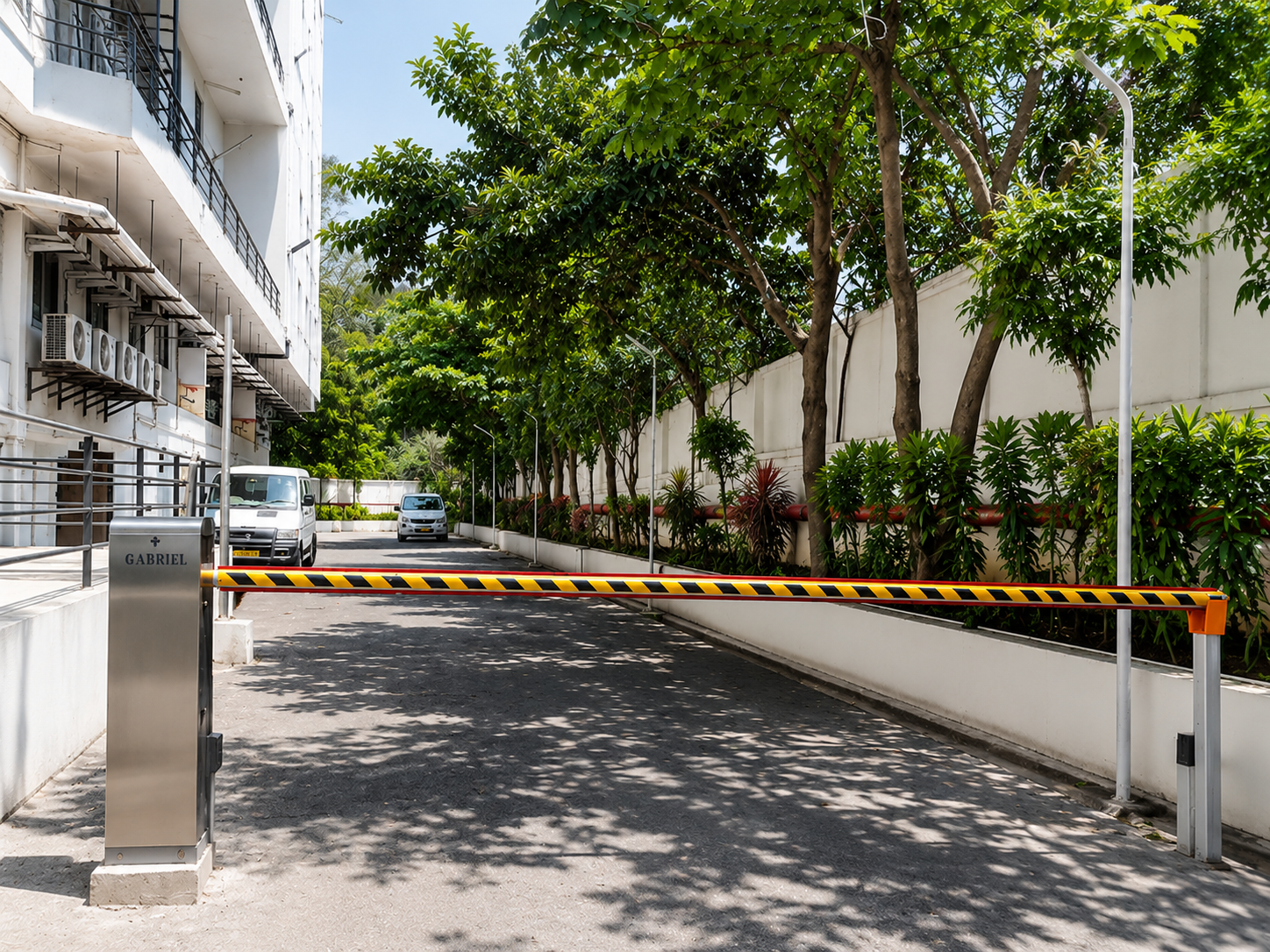 Boom barrier motorised drive and control installation — operational view